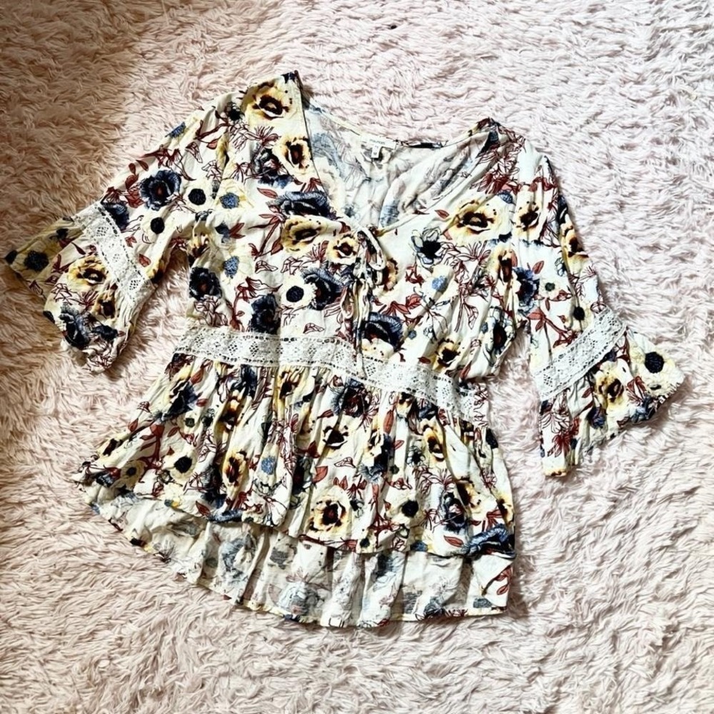 Floral Indie Retro Hippie Lace Bell Sleeve Top Womens M Earthy‎ Prairie Peasant